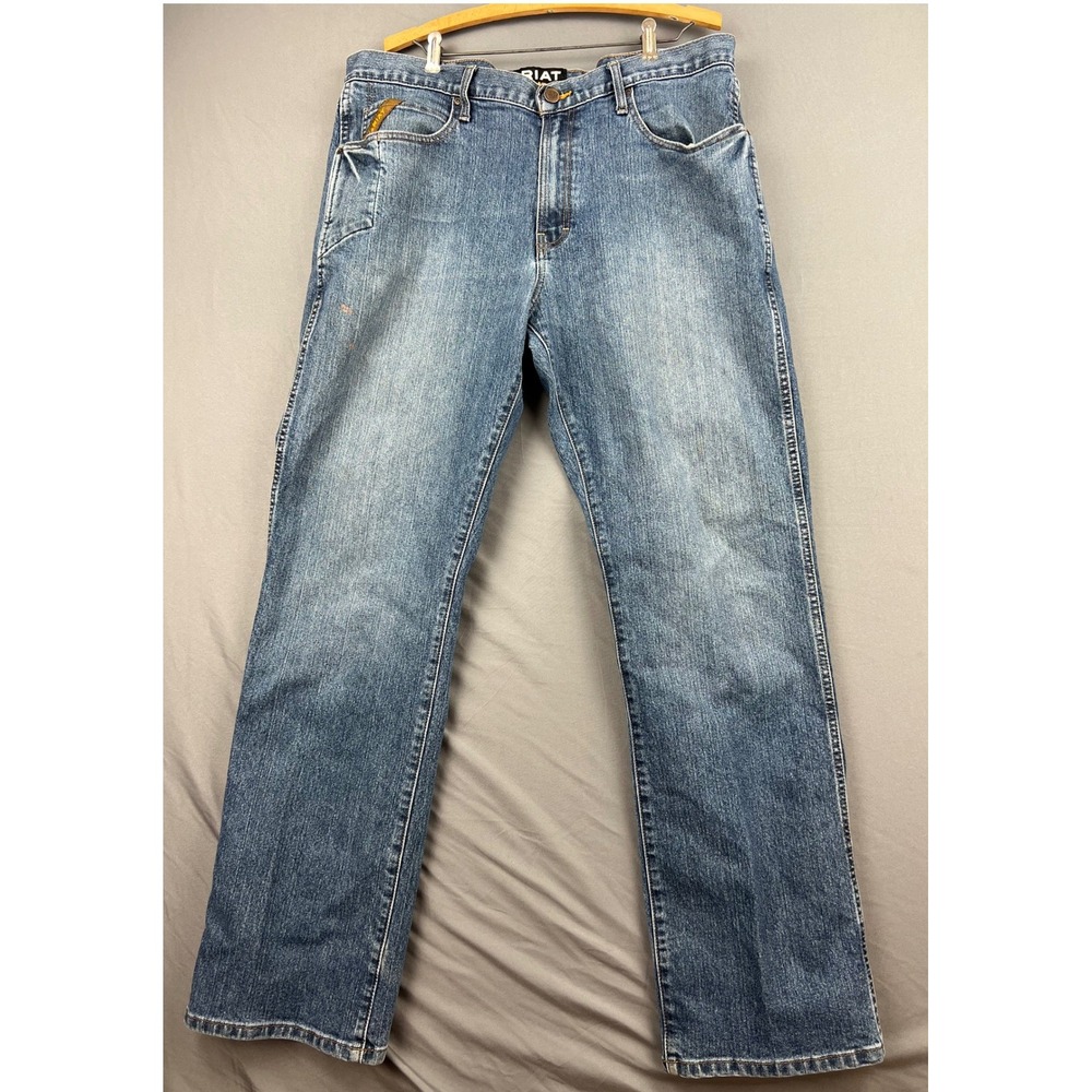 Ariat Rebar M4 Jeans Mens 38x34 Low Rise Boot Cut Blue Denim Work Pants Good